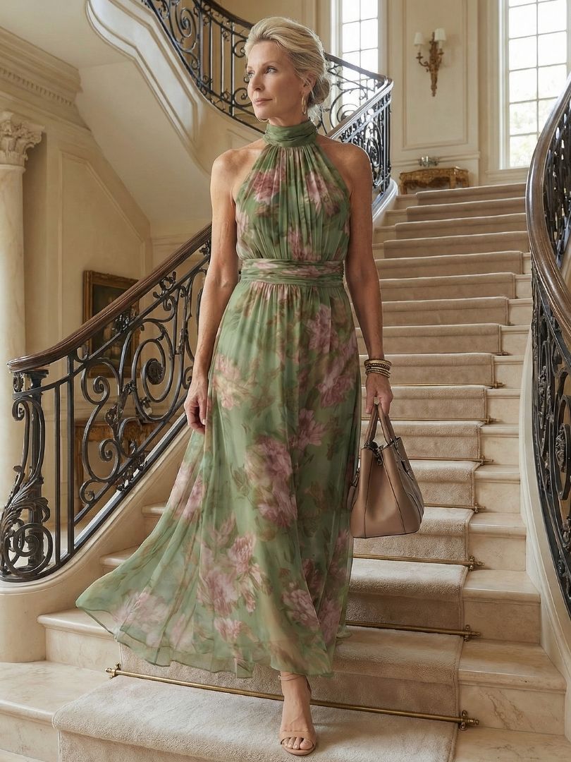Mirelle | Womens Summer Holiday Chiffon Halter Sleeveless Defined Waist Gathered Midi Dress 6