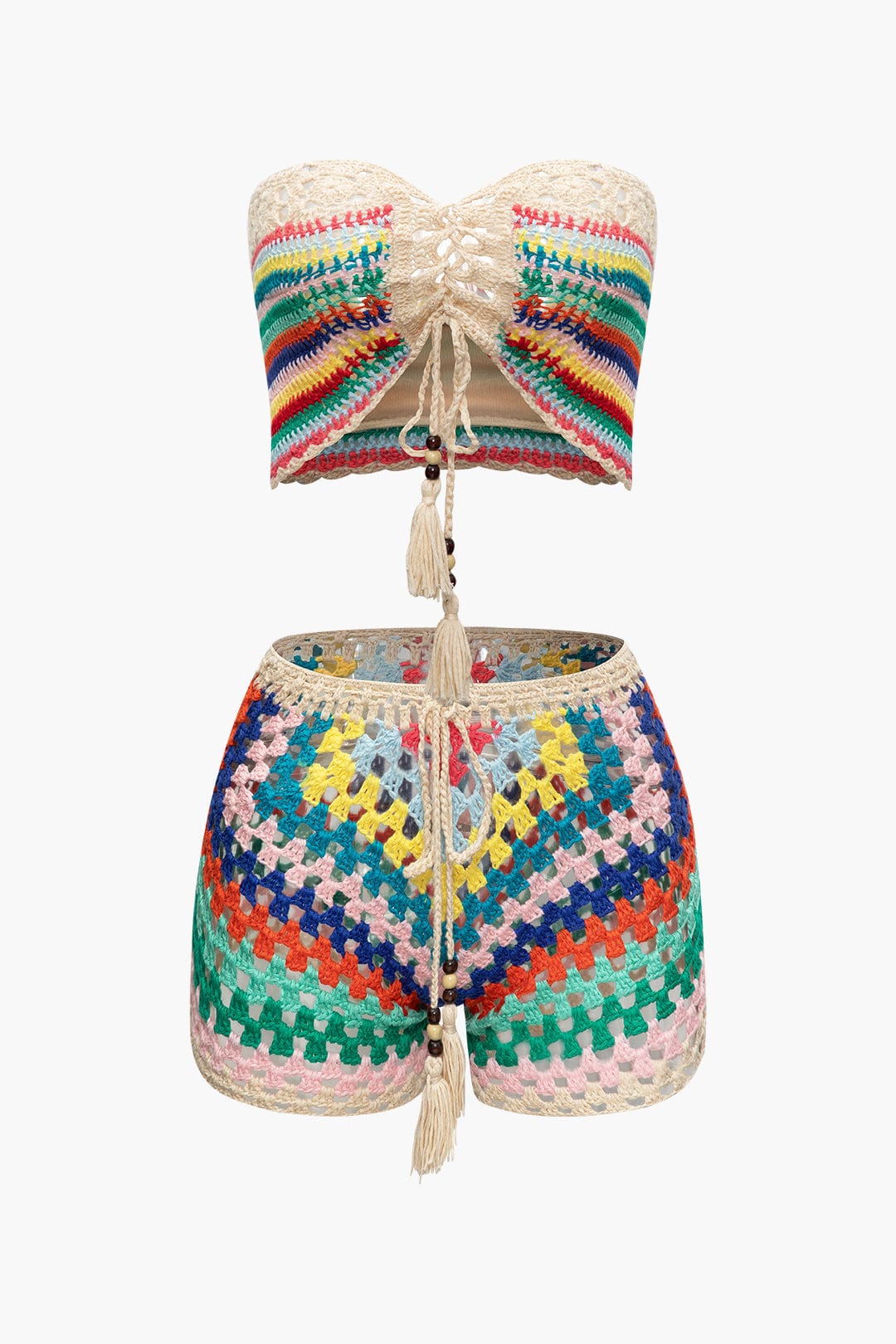Naila | Womens Bohemian Lace-Up Hand-Crocheted Bustier and Colorful High-Waisted Shorts Set 1