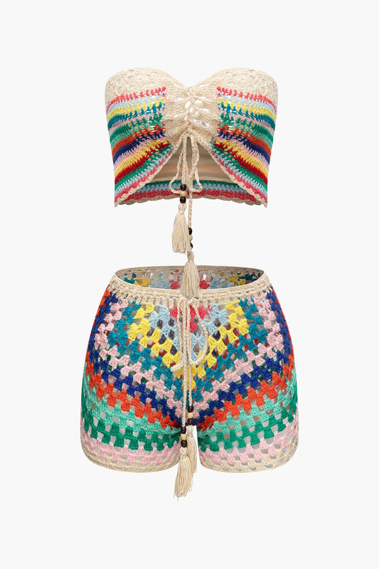 Naila | Womens Bohemian Lace-Up Hand-Crocheted Bustier and Colorful High-Waisted Shorts Set 1