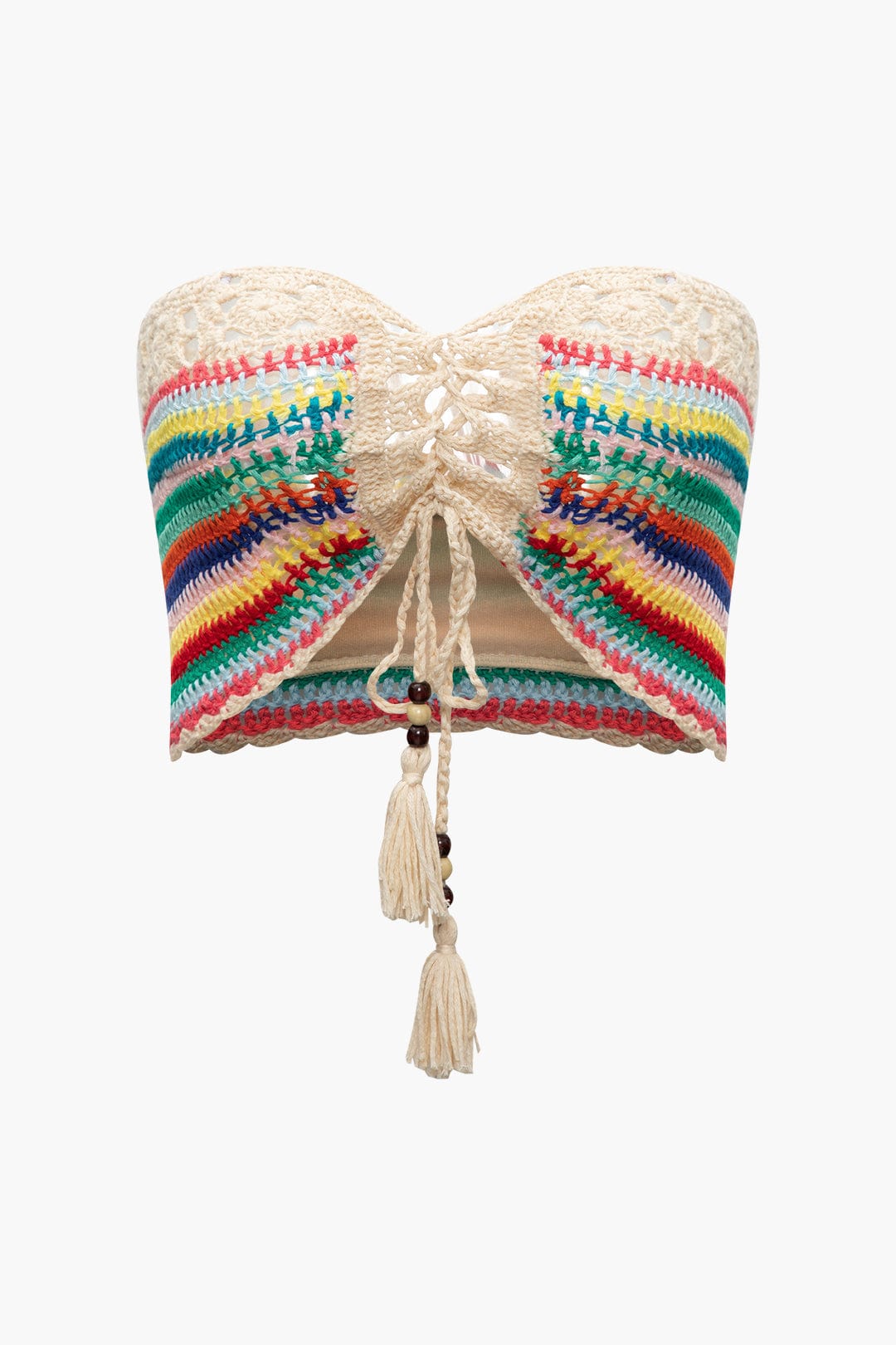 Naila | Womens Bohemian Lace-Up Hand-Crocheted Bustier and Colorful High-Waisted Shorts Set 3