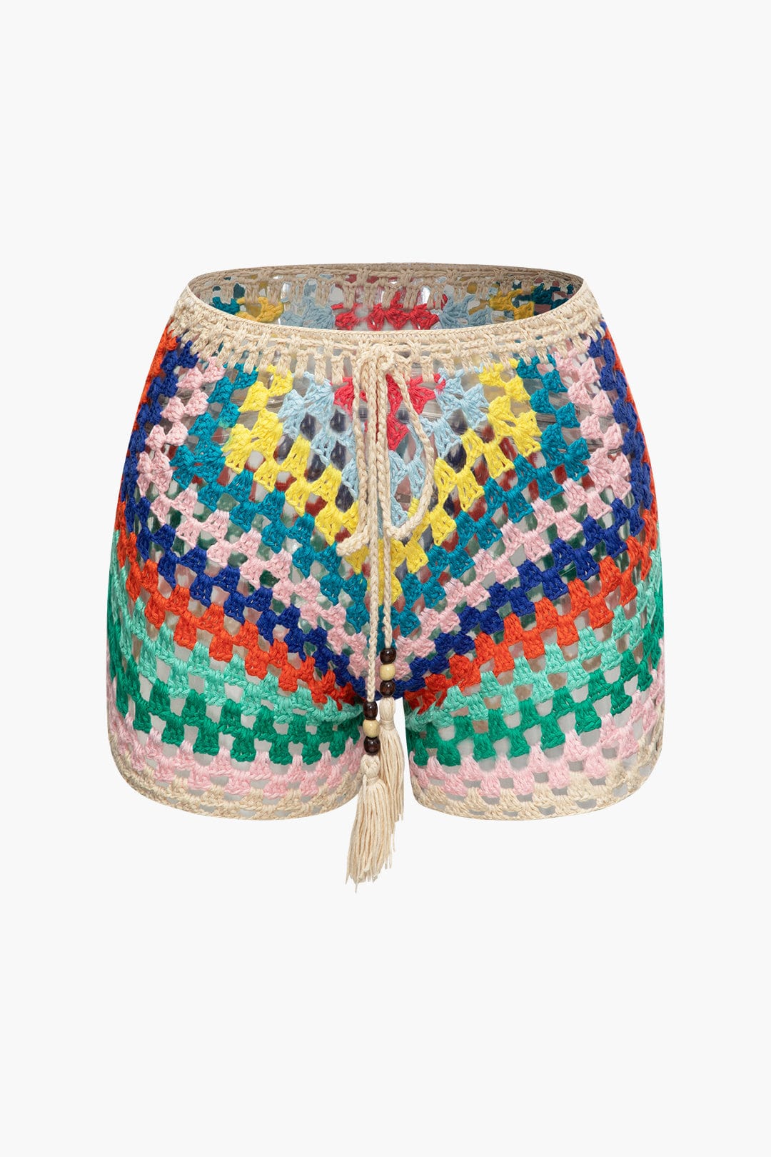 Naila | Womens Bohemian Lace-Up Hand-Crocheted Bustier and Colorful High-Waisted Shorts Set 4