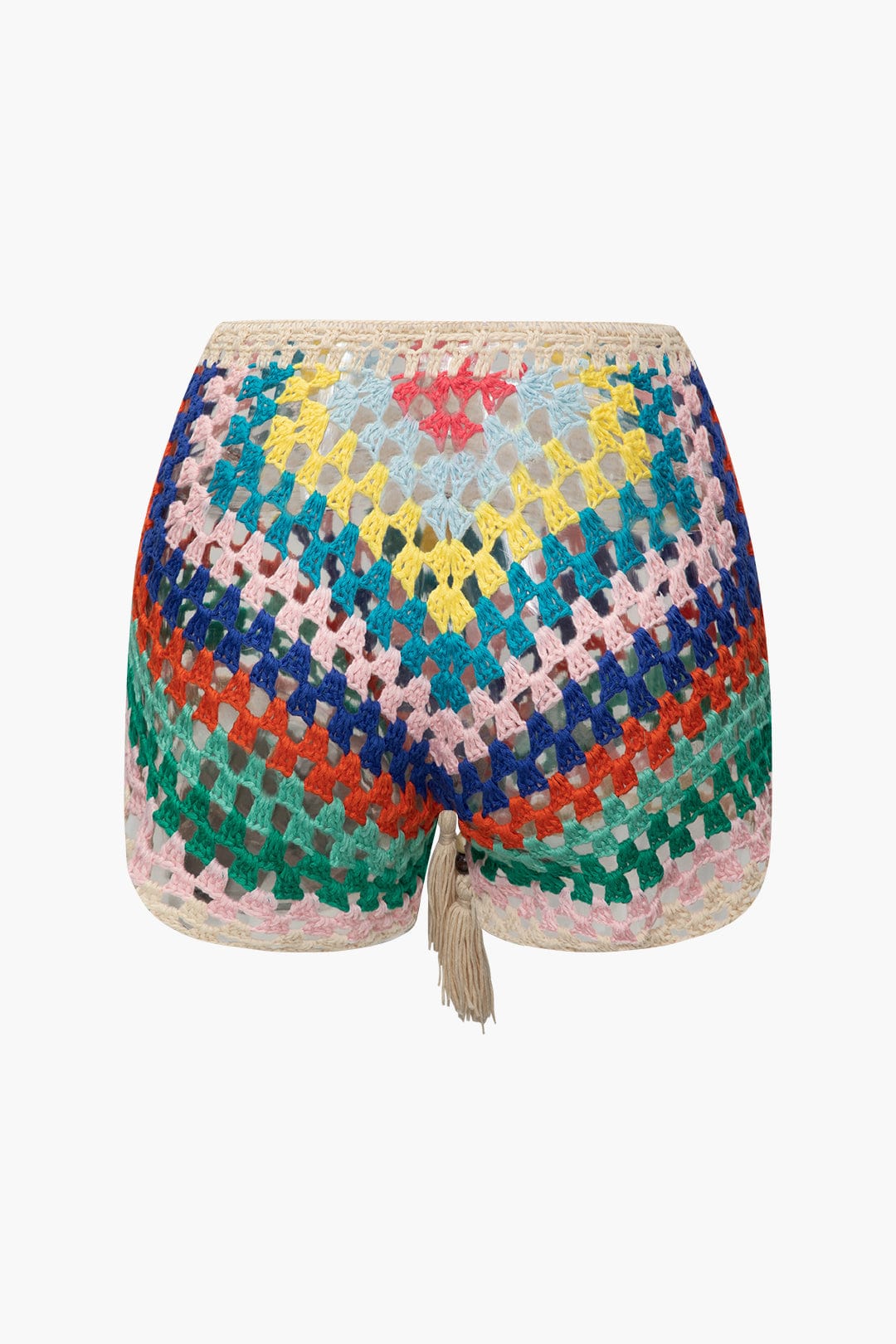 Naila | Womens Bohemian Lace-Up Hand-Crocheted Bustier and Colorful High-Waisted Shorts Set 6