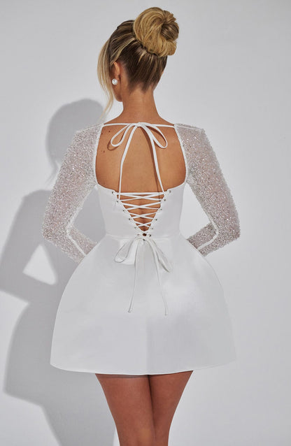 Nina | Womens Party Off Shoulder Structured Skirt Shiny Long Sleeve Mini Dress 3