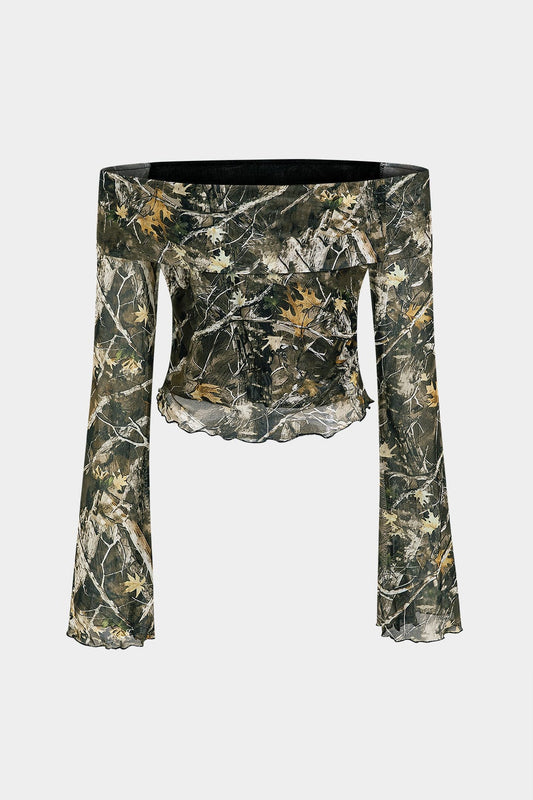 Camo | Women’s Off-Shoulder Relaxed Fit Camouflage Top with Trumpet Sleeves 1