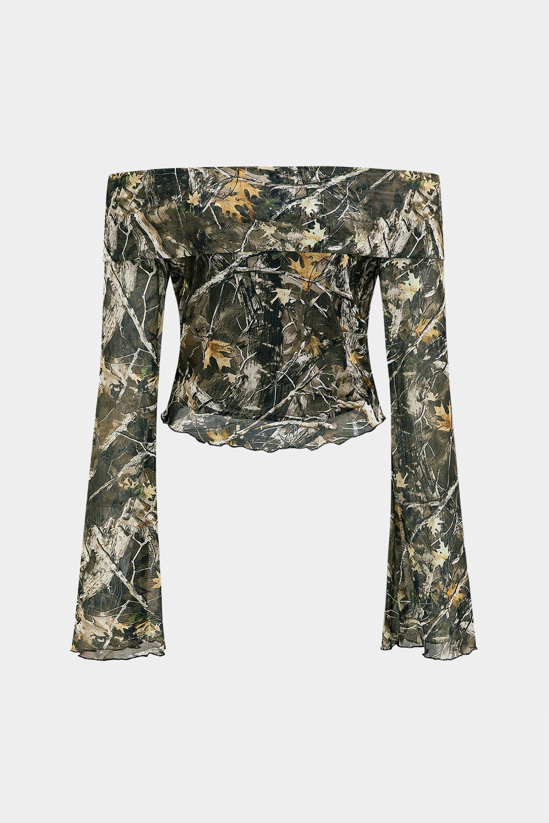 Camo | Women’s Off-Shoulder Relaxed Fit Camouflage Top with Trumpet Sleeves 2