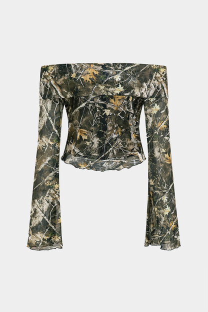 Camo | Women’s Off-Shoulder Relaxed Fit Camouflage Top with Trumpet Sleeves 2