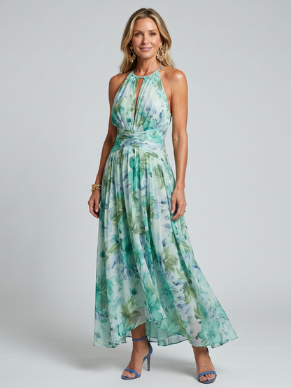 Sona | Garden Wedding Guest Chiffon Floral Halter Pleated Maxi Dress 1