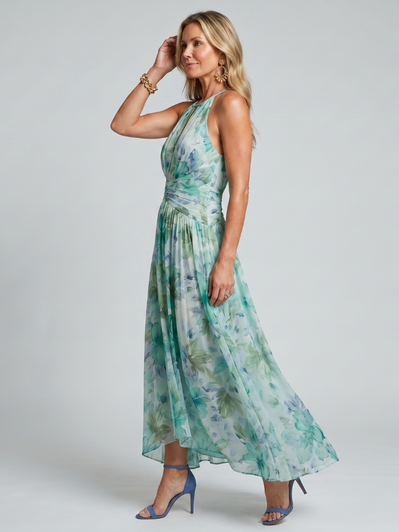 Sona | Garden Wedding Guest Chiffon Floral Halter Pleated Maxi Dress 2