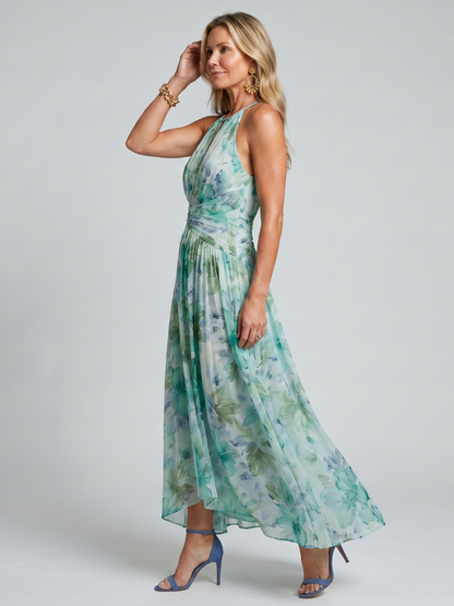 Sona | Garden Wedding Guest Chiffon Floral Halter Pleated Maxi Dress 2