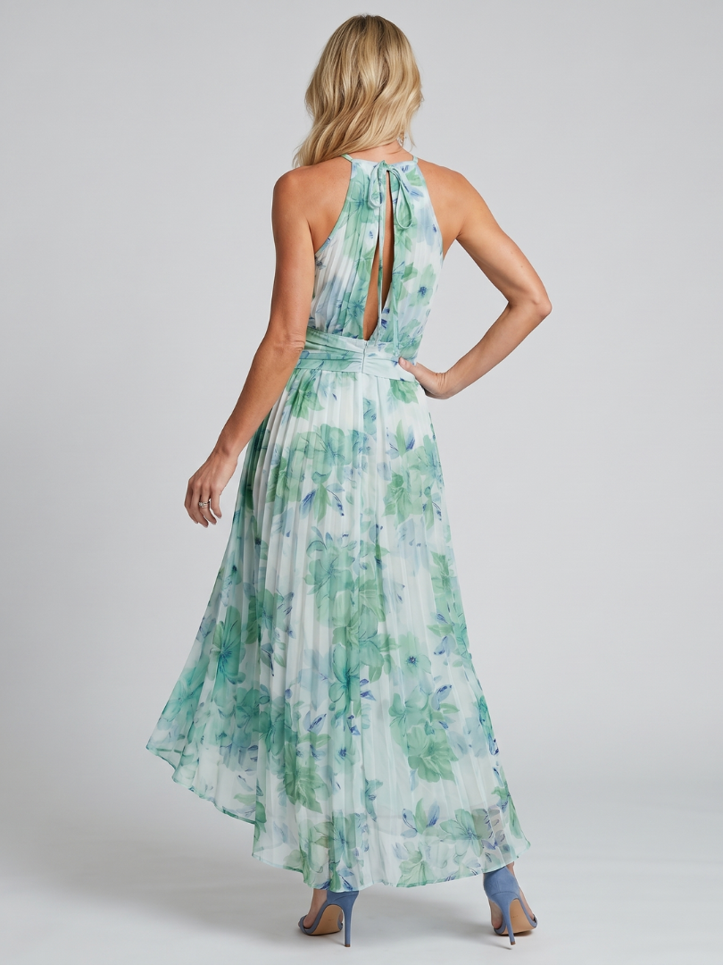Sona | Garden Wedding Guest Chiffon Floral Halter Pleated Maxi Dress 4