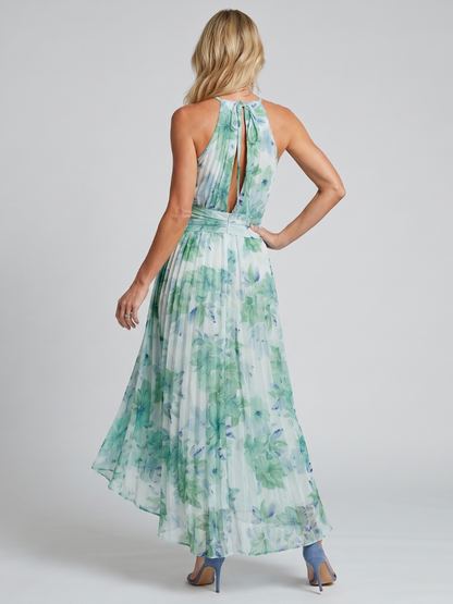 Sona | Garden Wedding Guest Chiffon Floral Halter Pleated Maxi Dress 4