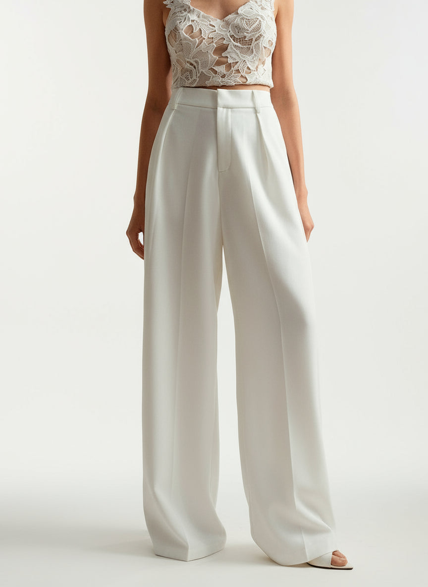 Riviera | Women High Waist Wide Leg Relaxed Fit Tailored Trousers with Pleats and Pockets 4