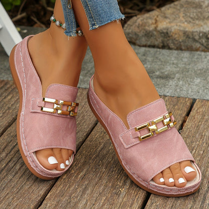 Romy | Women Slide Sandals Open Toe Chic Casual Footwear with Gold Accents 1