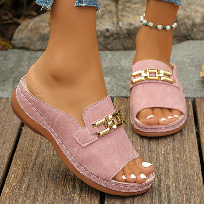 Romy | Women Slide Sandals Open Toe Chic Casual Footwear with Gold Accents 3