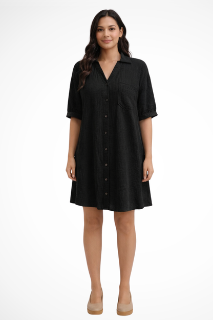 Rosalind | Women Summer Dress Collared Relaxed Fit Midi Dress with Button Up Front and Short Sleeves 1