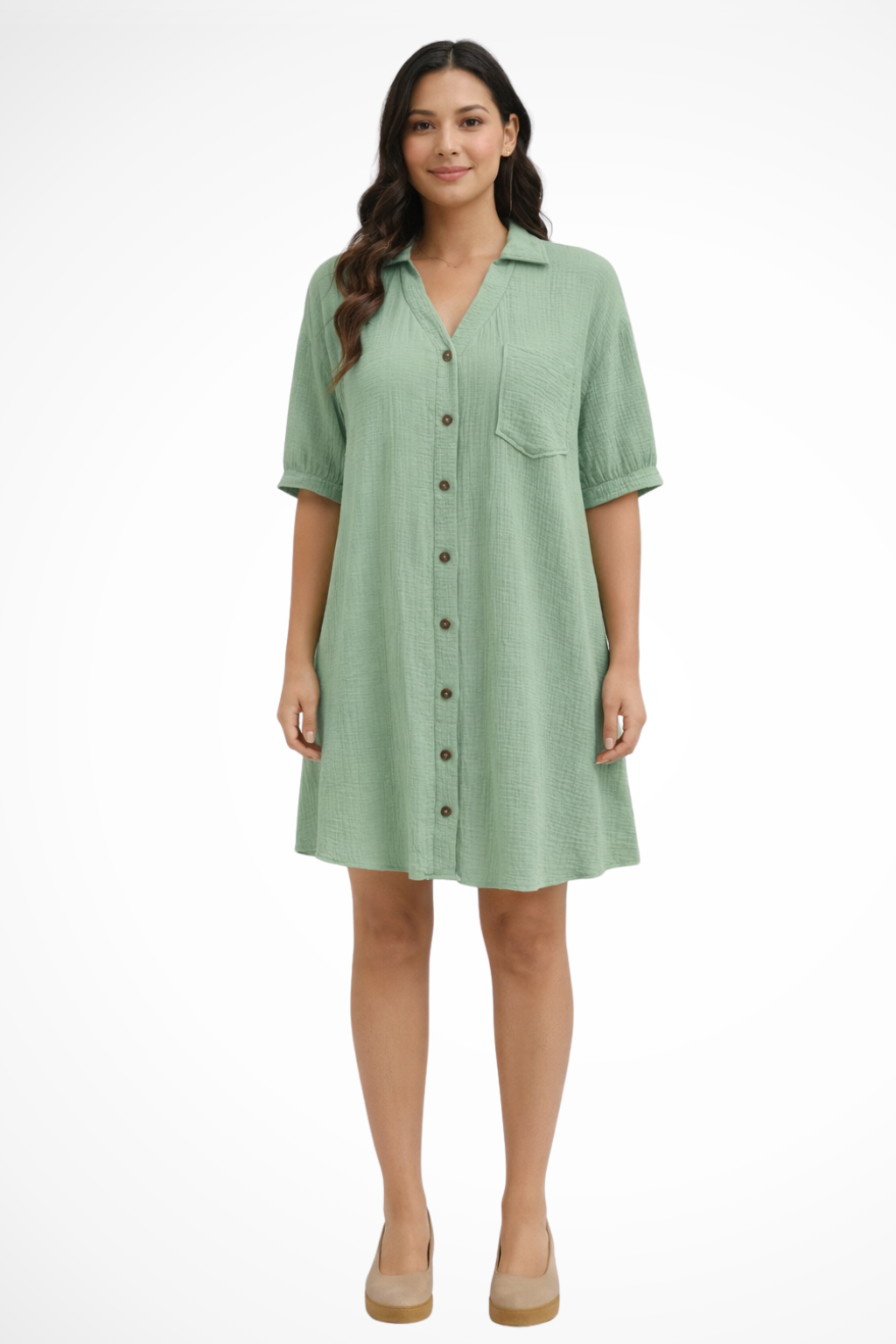 Rosalind | Women Summer Dress Collared Relaxed Fit Midi Dress with Button Up Front and Short Sleeves 3