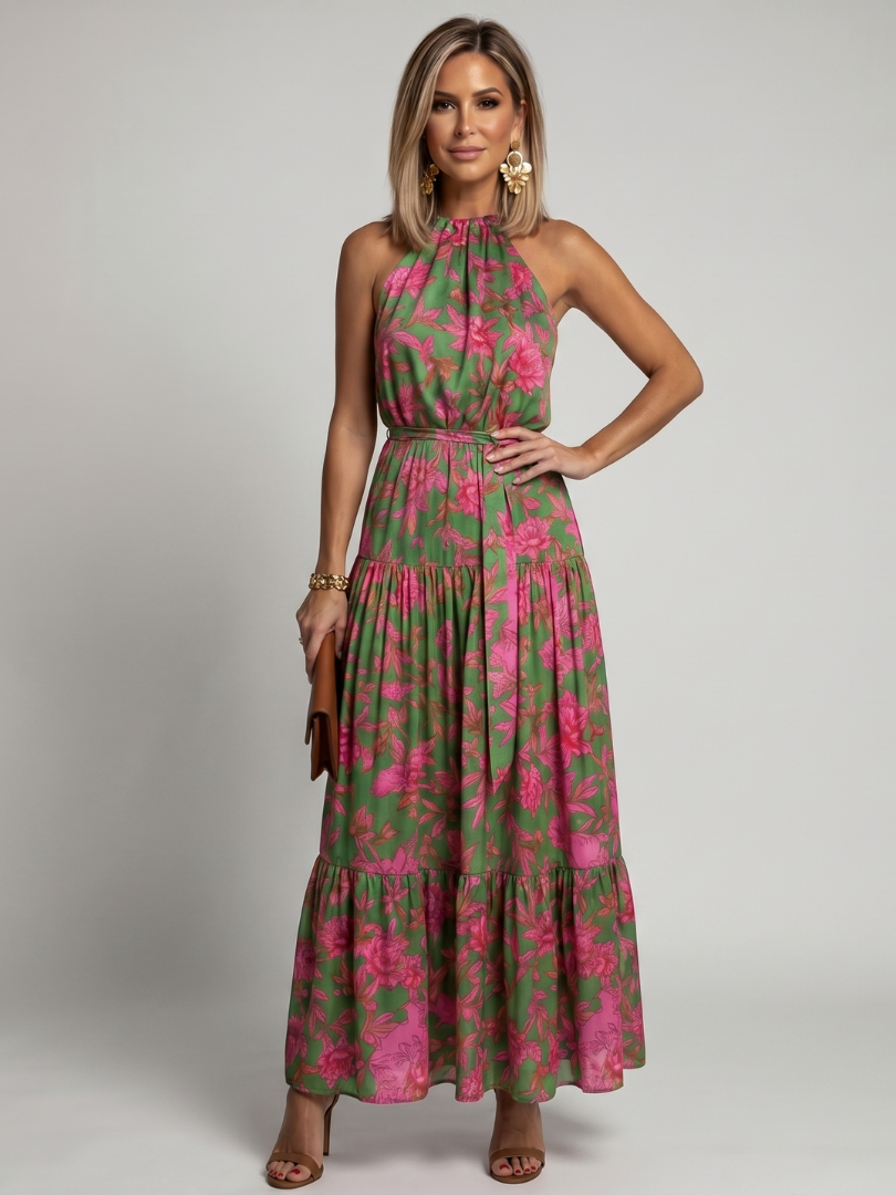 Draped Wedding Guest Chiffon Floral Halter Tiered Maxi Dress 1