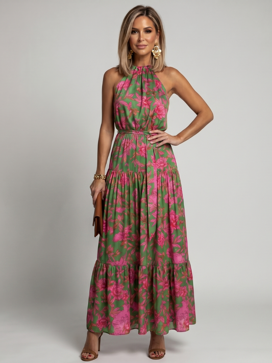 Draped Wedding Guest Chiffon Floral Halter Tiered Maxi Dress 1
