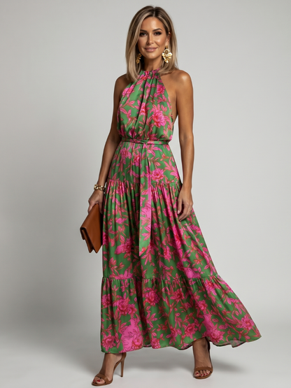 Draped Wedding Guest Chiffon Floral Halter Tiered Maxi Dress 2