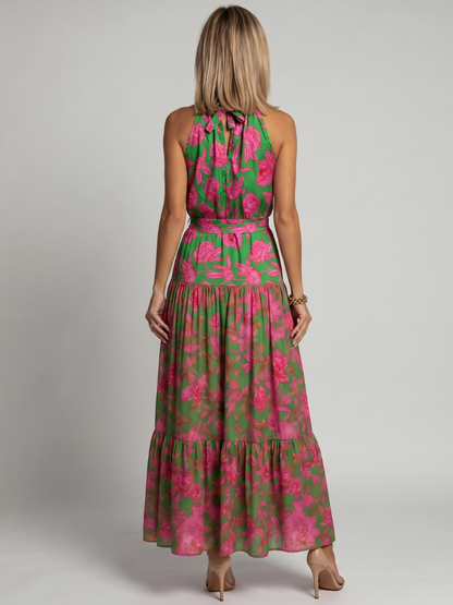 Draped Wedding Guest Chiffon Floral Halter Tiered Maxi Dress 4