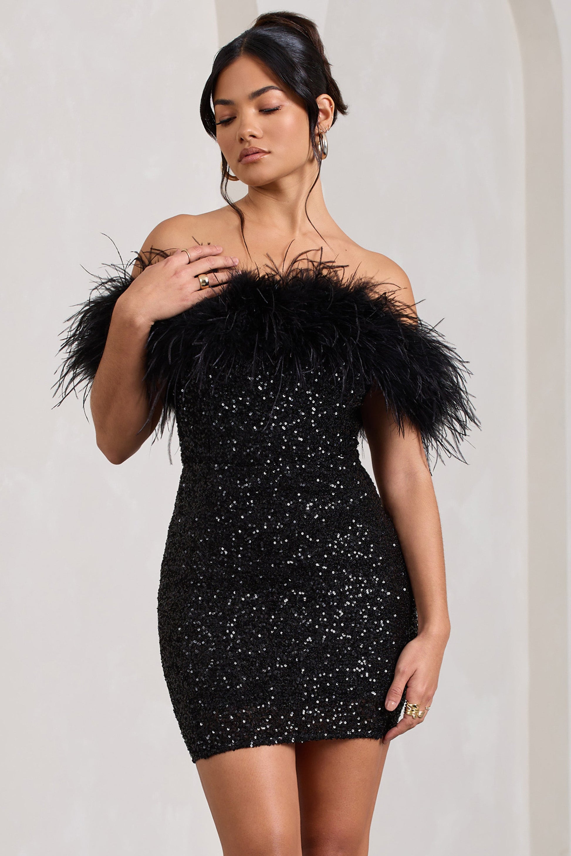 Sara | Womens Party Off-Shoulder Fitted Sequin Feather Trim Mini Dress 1