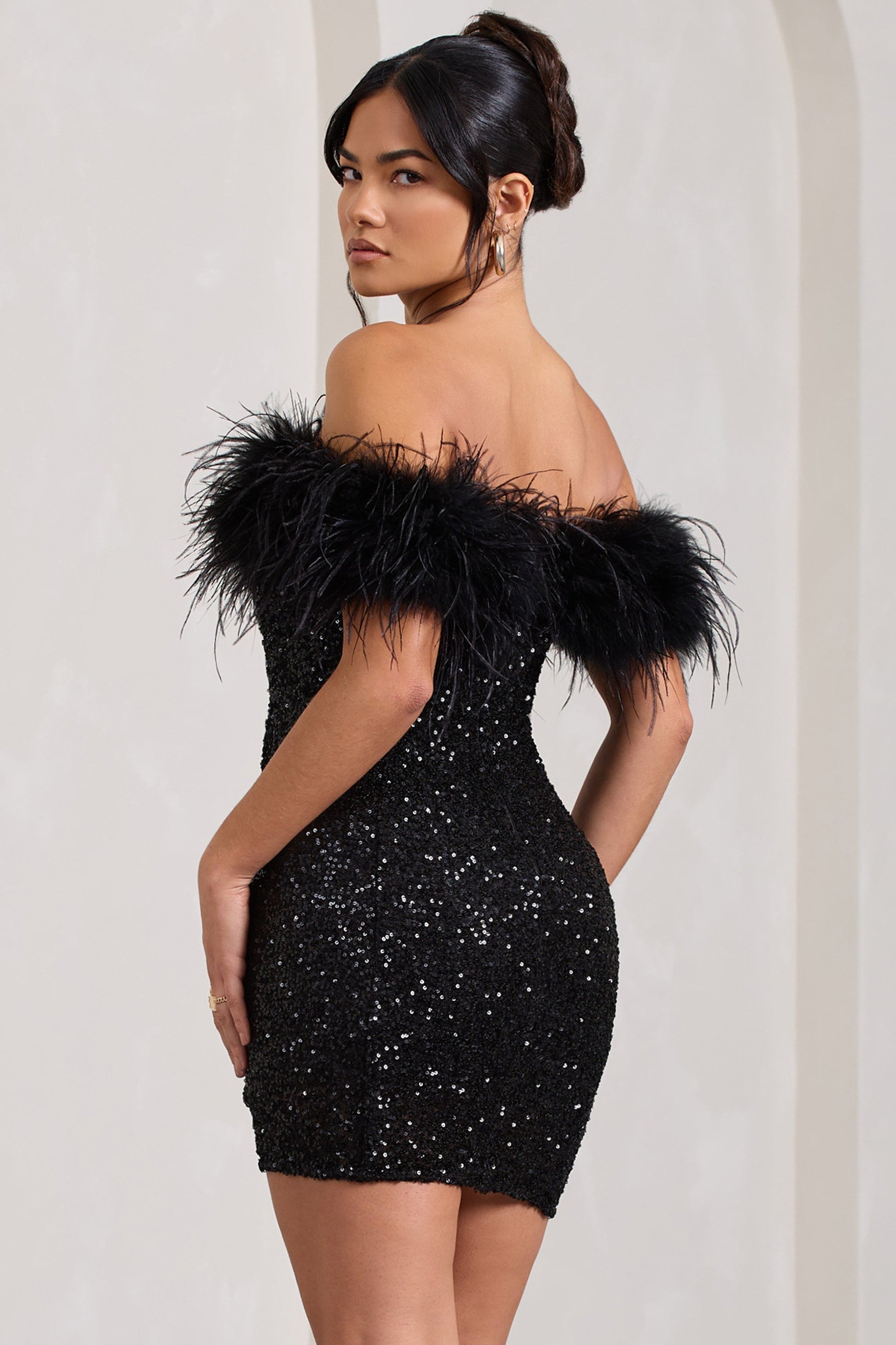 Sara | Womens Party Off-Shoulder Fitted Sequin Feather Trim Mini Dress 2