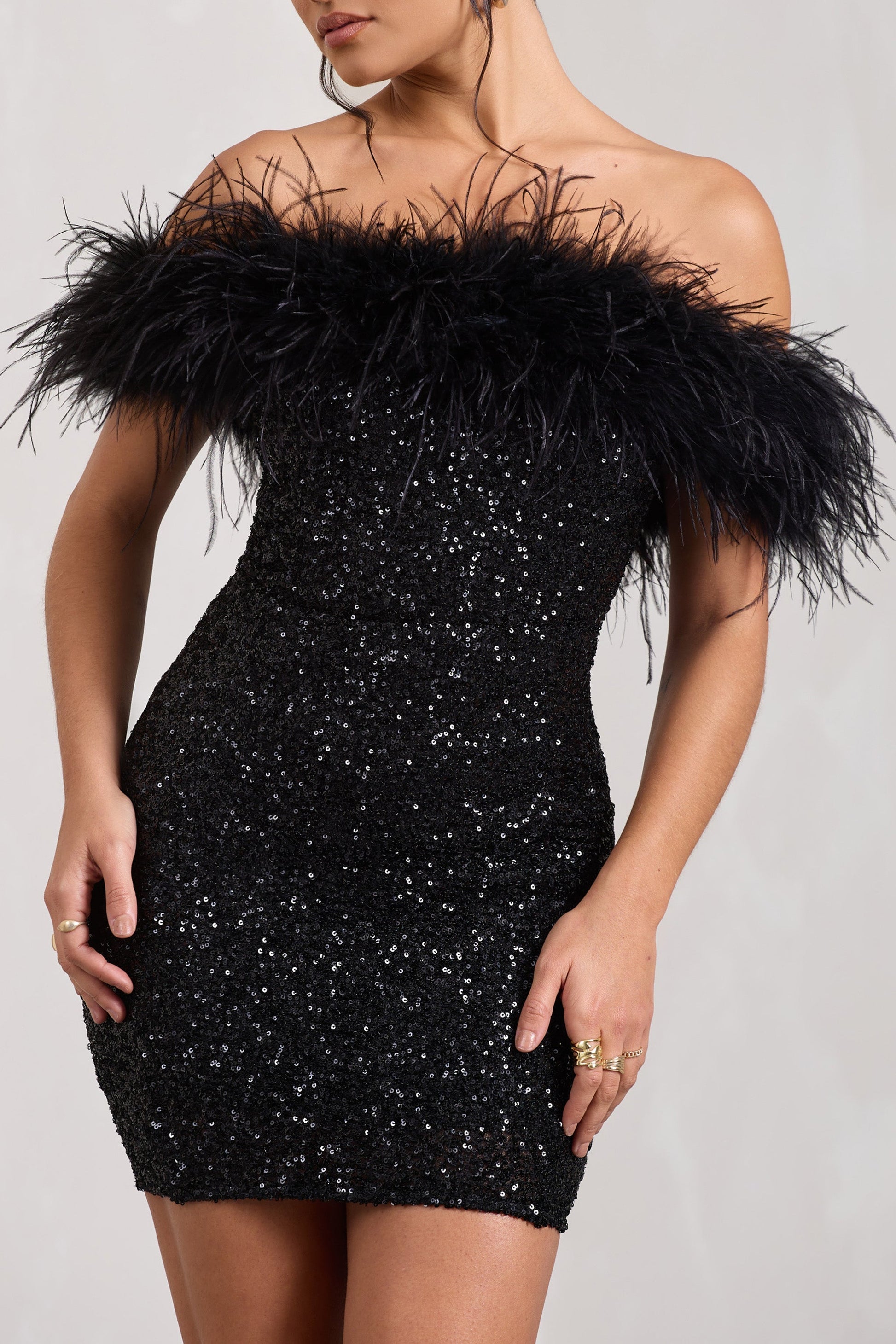 Sara | Womens Party Off-Shoulder Fitted Sequin Feather Trim Mini Dress 3