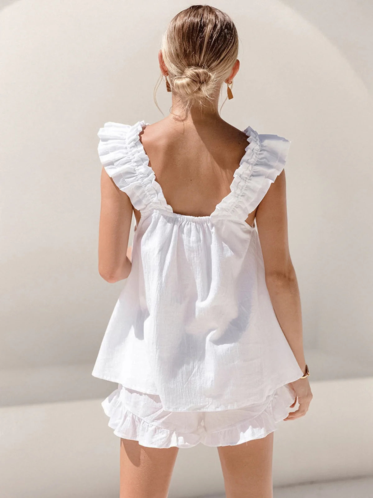 Seraphina | Womens Summer Holiday Linen Blend Sleeveless Ruffled Top Two Piece Short Set 5