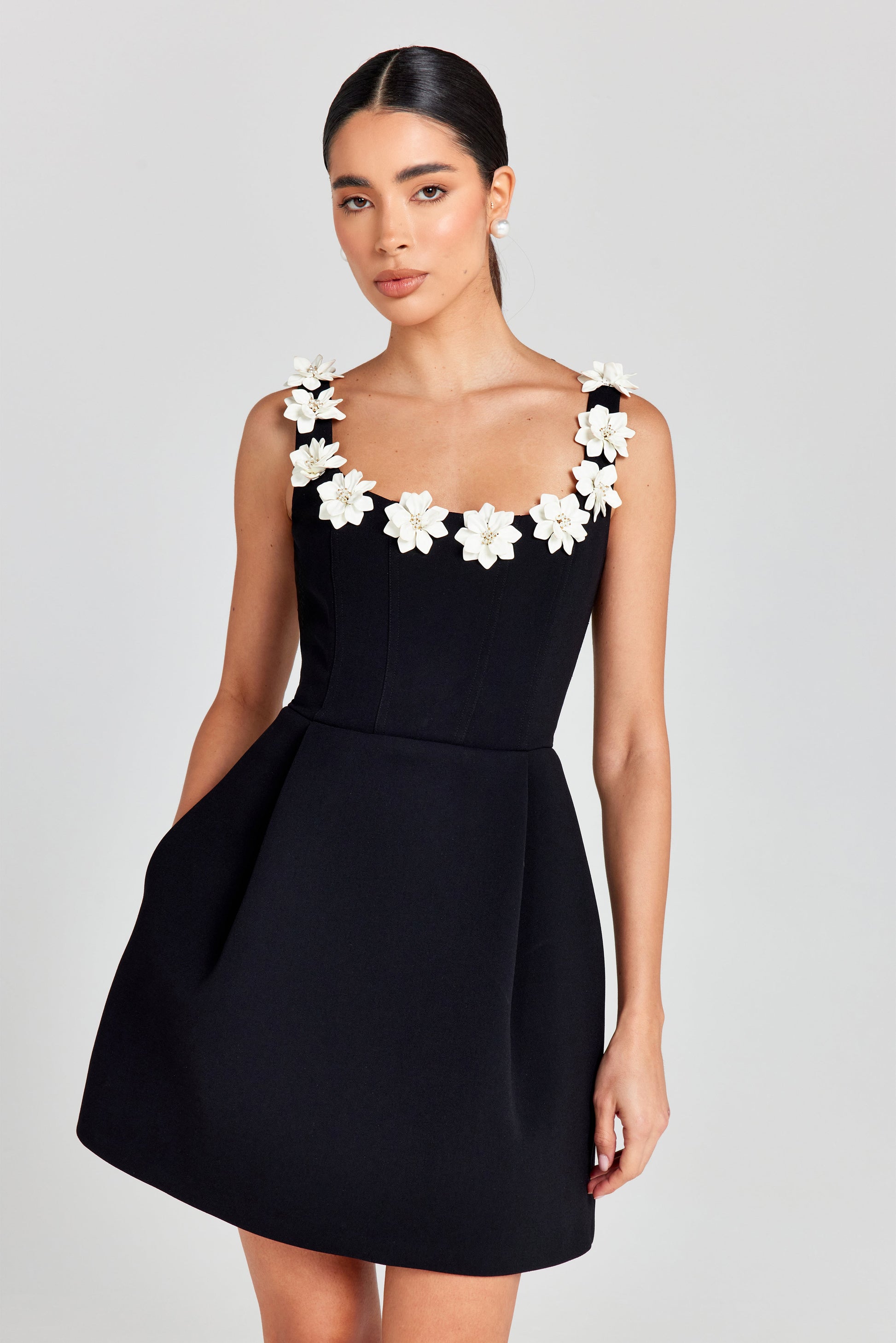 Seraphina | Womens Wedding Guest Chiffon Cowl Neck Sleeveless Fitted Floral Appliqué Mini Dress 2