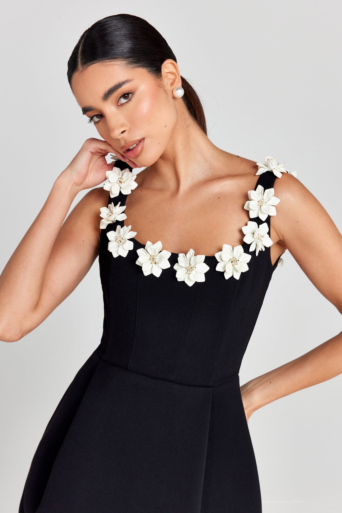 Seraphina | Womens Wedding Guest Chiffon Cowl Neck Sleeveless Fitted Floral Appliqué Mini Dress 5