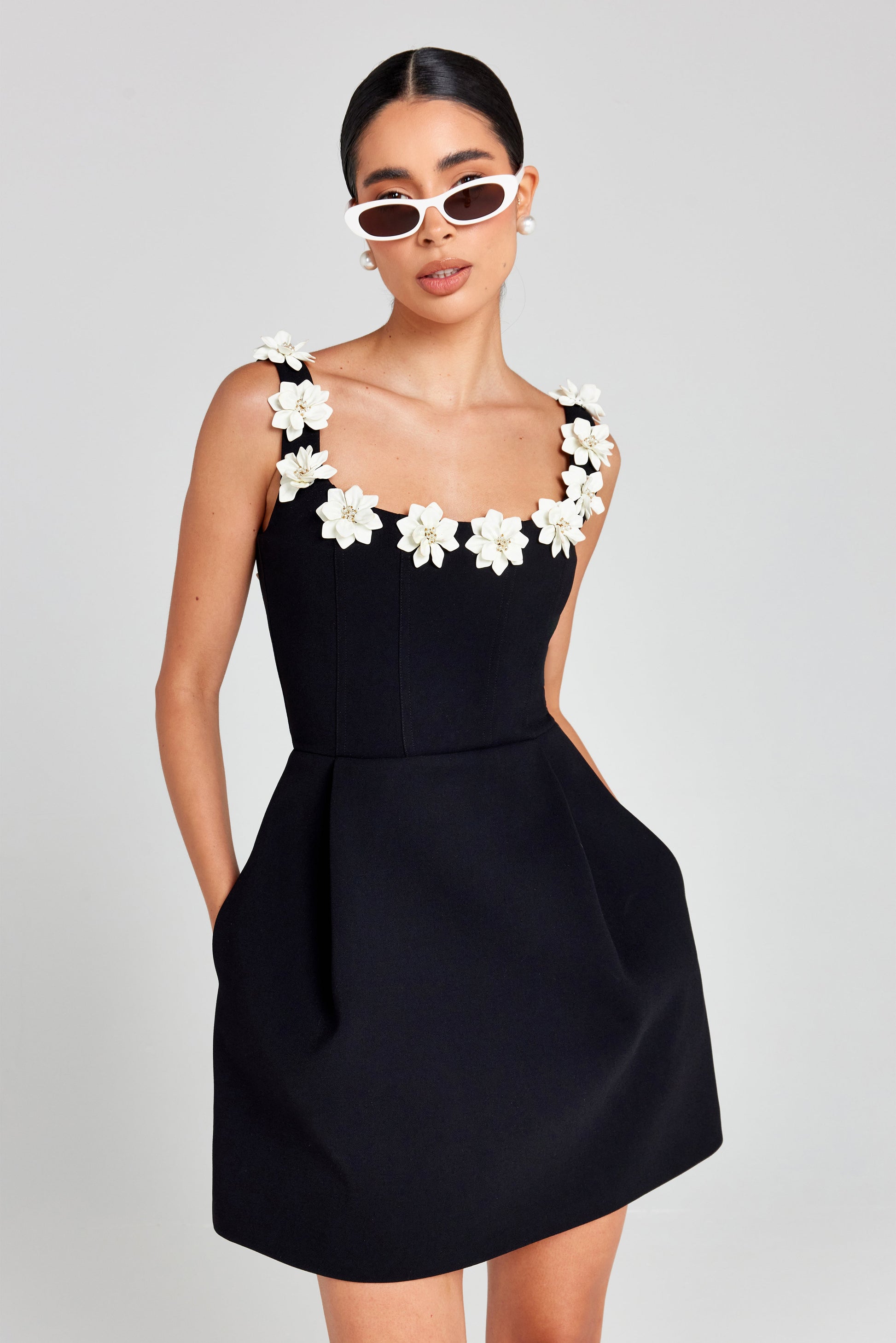 Seraphina | Womens Wedding Guest Chiffon Cowl Neck Sleeveless Fitted Floral Appliqué Mini Dress 6