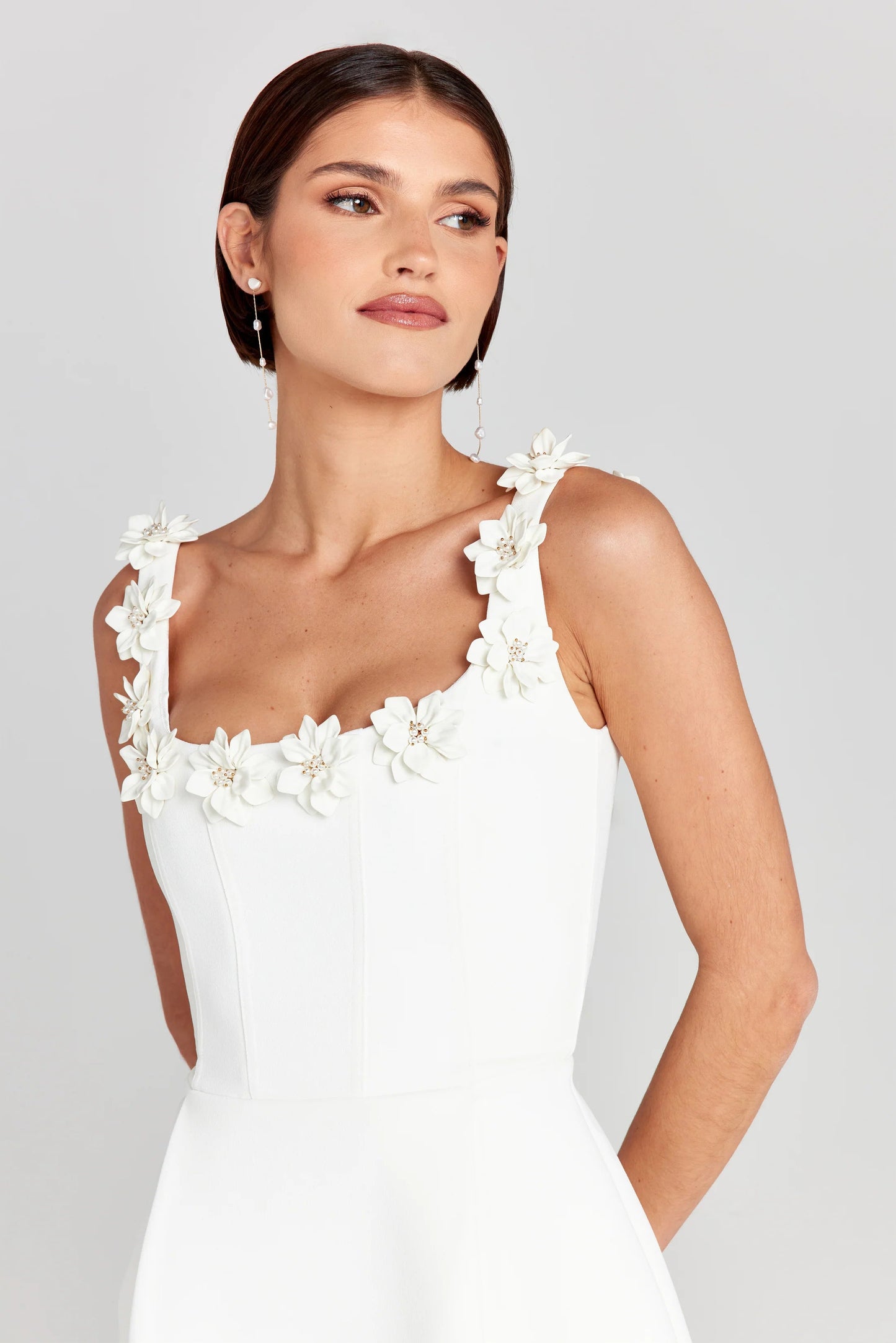 Seraphina | Womens Wedding Guest Chiffon Cowl Neck Sleeveless Fitted Floral Appliqué Mini Dress 7