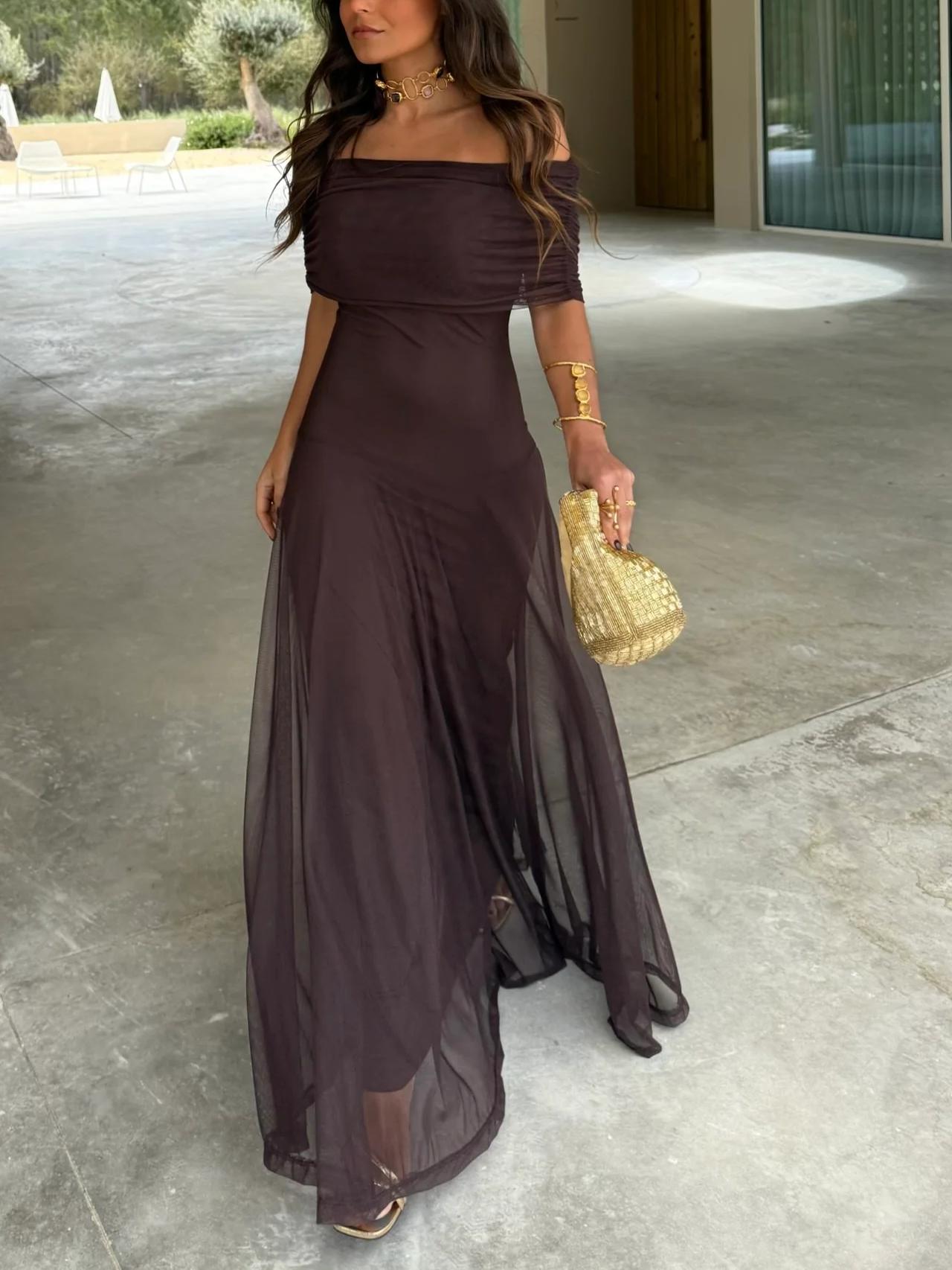 Sera | Off-Shoulder Maxi Feminine Silhouette Soft Chiffon Wedding Guest Dress Evening Gown 1