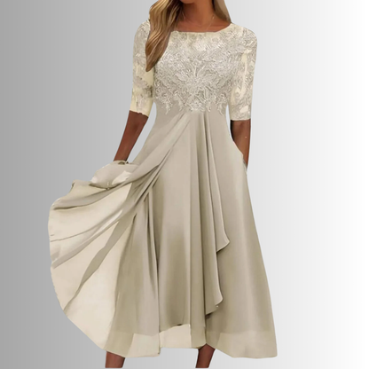Seraphina | Womens Wedding Guest Lace Satin Cowl Neck Sleeveless A-Line Layered Maxi Dress 3
