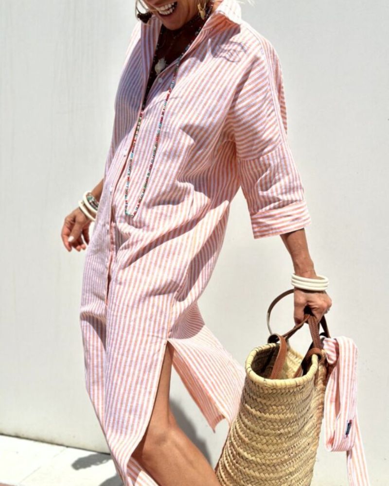 Celine | Women Midi Dress Collared Relaxed Fit Striped Short Sleeve Summer Beach 4
