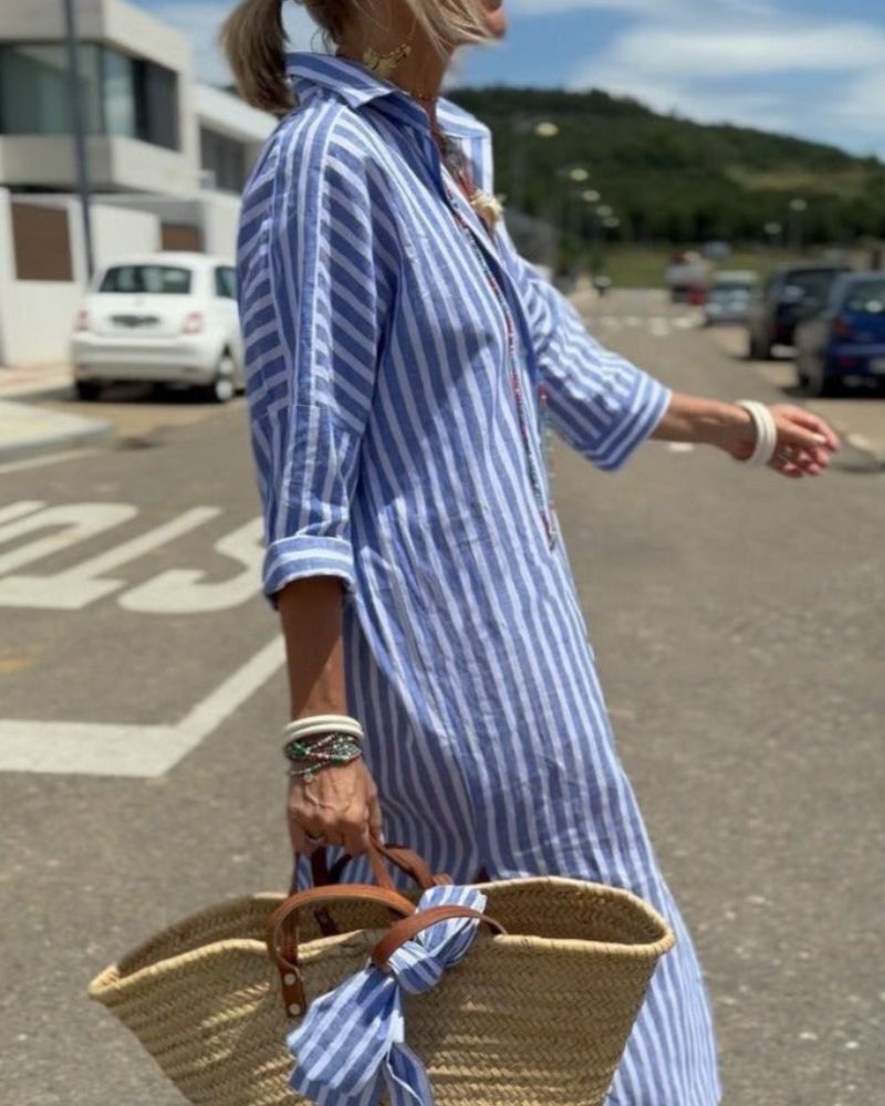 Celine | Women Midi Dress Collared Relaxed Fit Striped Short Sleeve Summer Beach 5