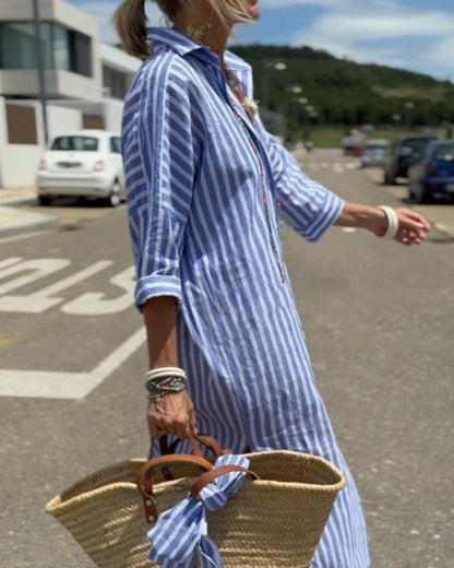Celine | Women Midi Dress Collared Relaxed Fit Striped Short Sleeve Summer Beach 5