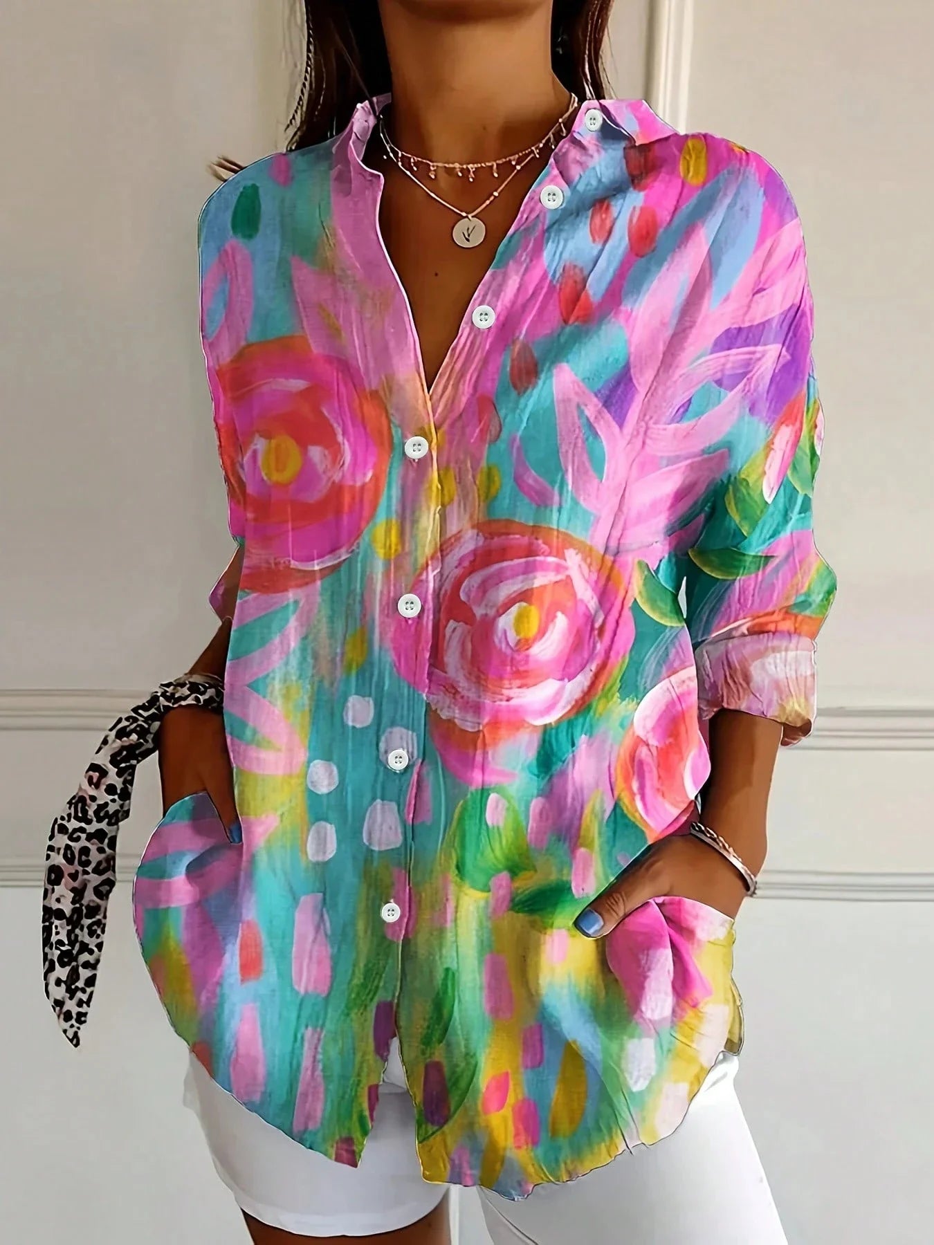 Terri | Womens Playful Relaxed Fit Round Neck Short Sleeve Vibrant Print Blouse 1