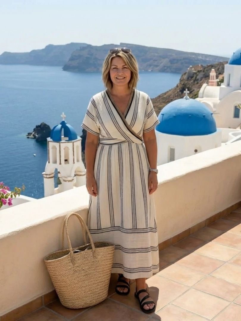 Thalassa | Womens Summer Holiday Linen V Neck Short Sleeve Regular Fit Wrap Midi Dress 4