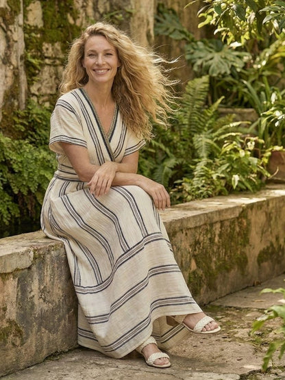 Thalassa | Womens Summer Holiday Linen V Neck Short Sleeve Regular Fit Wrap Midi Dress 6