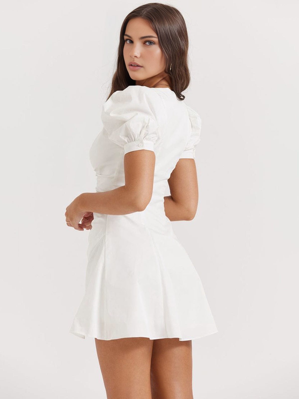 Thea | Womens Summer Puff Sleeve Fitted Button Closure Mini Dress 4