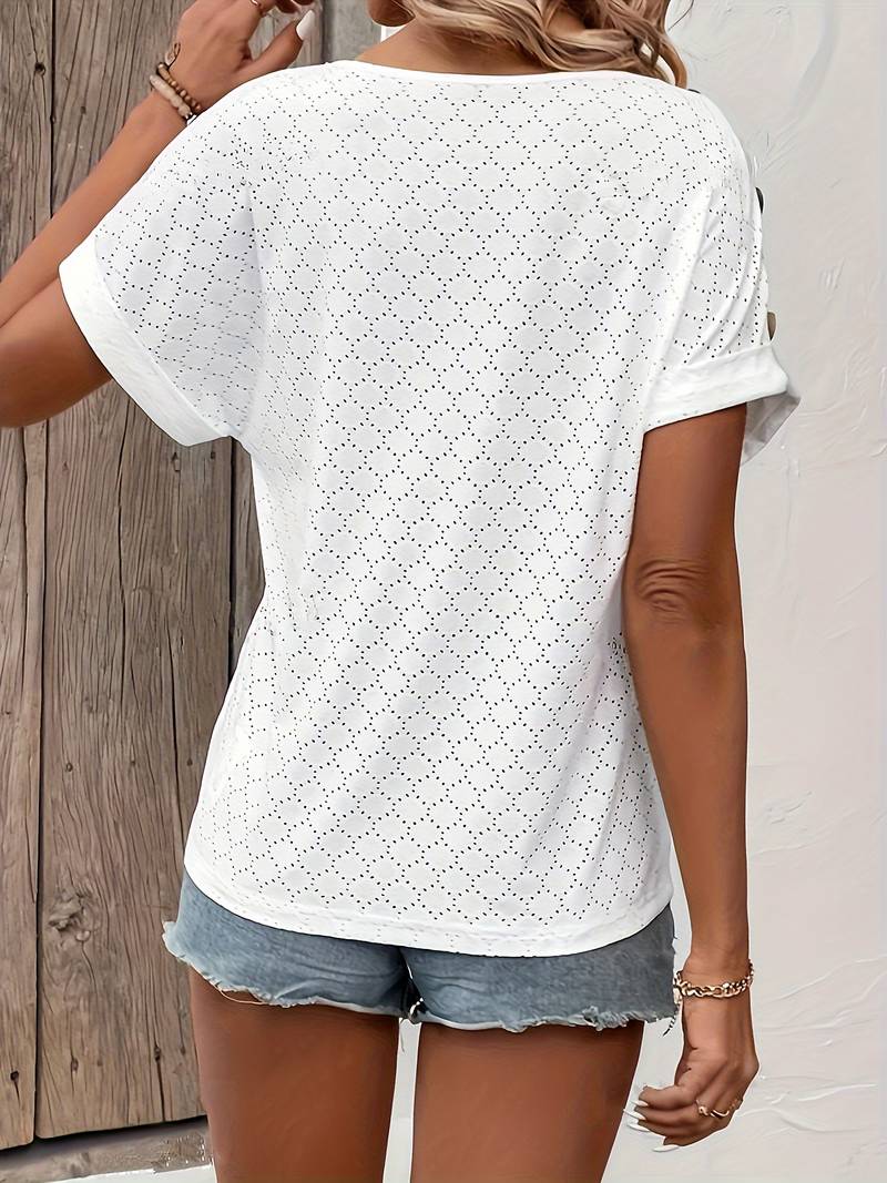 Lina | Women’s V Neck Button Detail Short Sleeve T-Shirt 3