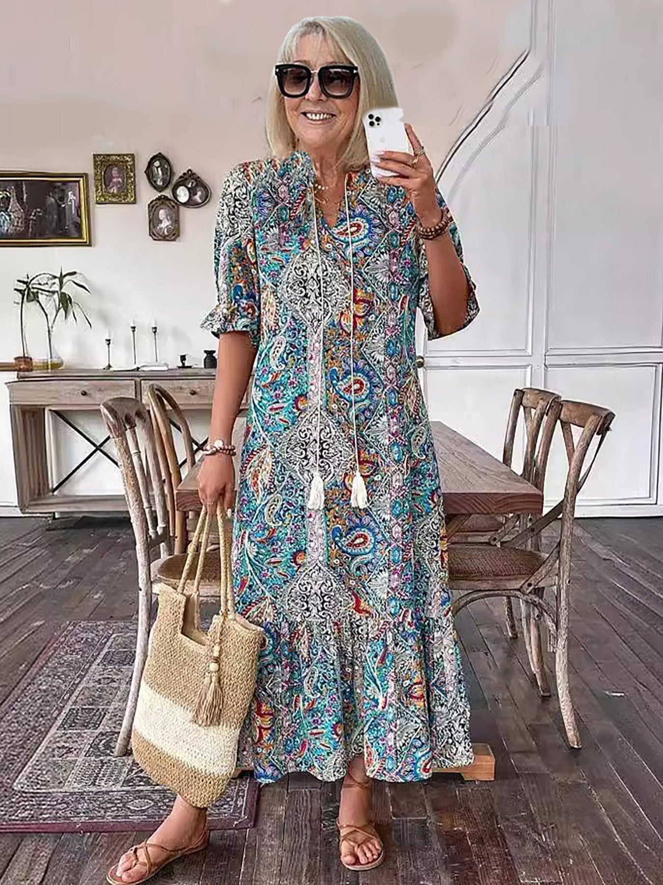 Vacation Cotton Lace-Up Maxi Dress with Pockets | Mira 1