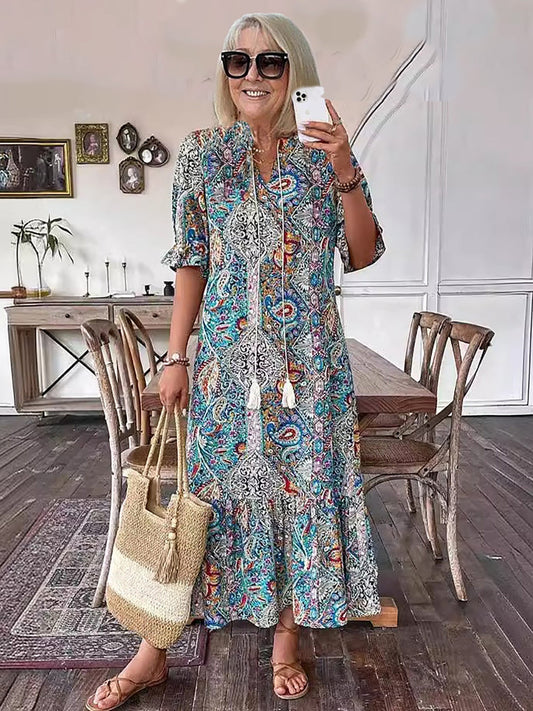 Vacation Cotton Lace-Up Maxi Dress with Pockets | Mira 1