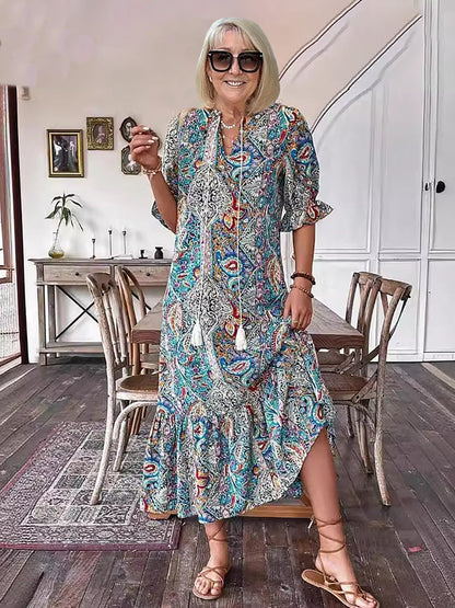 Vacation Cotton Lace-Up Maxi Dress with Pockets | Mira 2