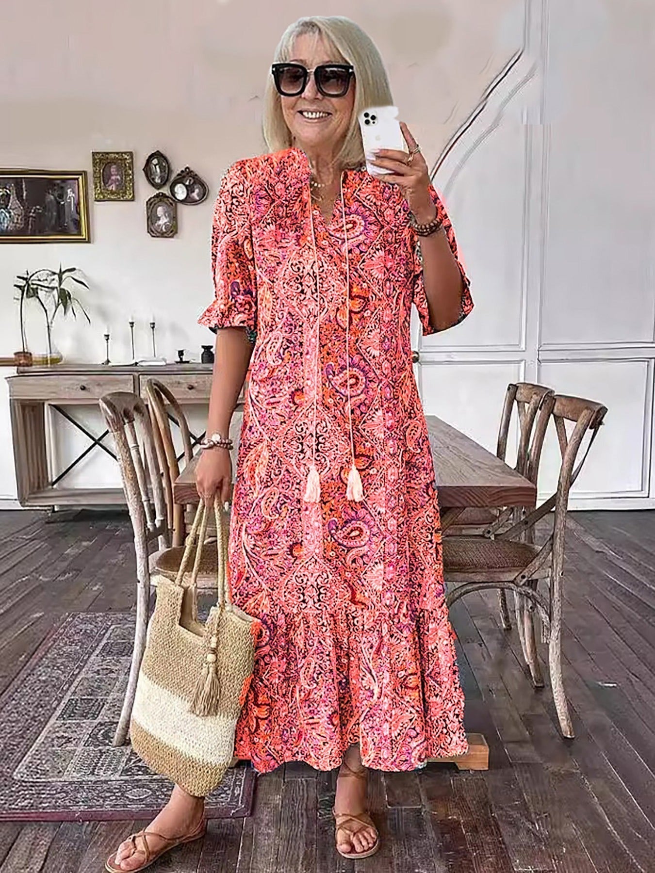 Vacation Cotton Lace-Up Maxi Dress with Pockets | Mira 7