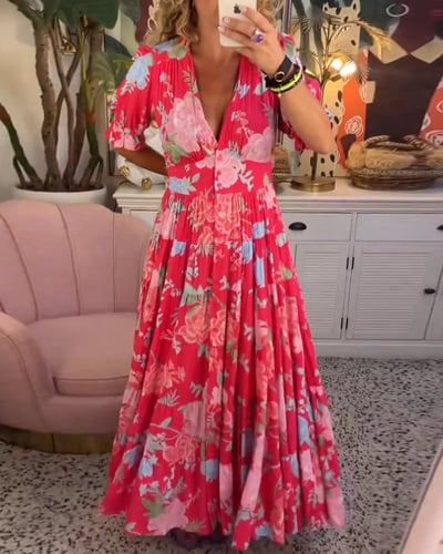 Vacation Floral V-Neck Elastic Waist Maxi Dress | Mira 1