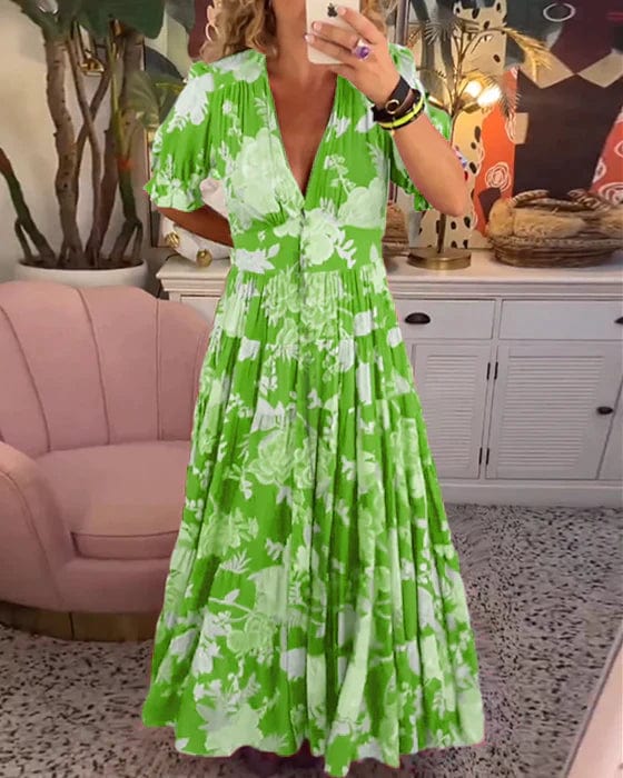 Vacation Floral V-Neck Elastic Waist Maxi Dress | Mira 2