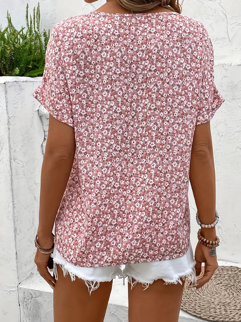 Verna | Womens Chic Loose Fit V-Neck Short Sleeve Floral Print Blouse 2