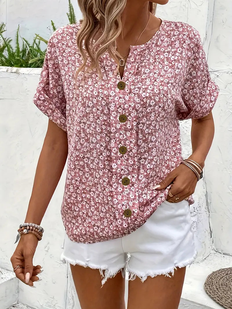 Verna | Womens Chic Loose Fit V-Neck Short Sleeve Floral Print Blouse 3